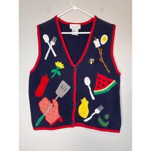 1980s Mandal Bay Barbeque Cookout Picnic Smores Grilling Fruit Sweater Vest L